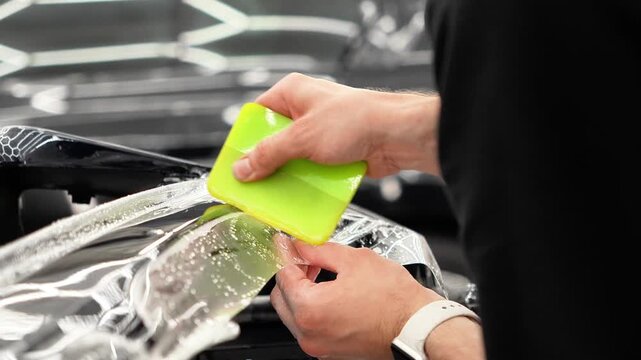 Professional auto detailer specialist applying a clear paint protection film PPF on a glossy black car. Male technician worker smoothing a wet polyurethane protective wrap with a green squeegee rakel.