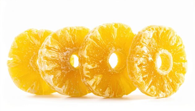 Row of freeze-dried pineapple slices isolated on white background