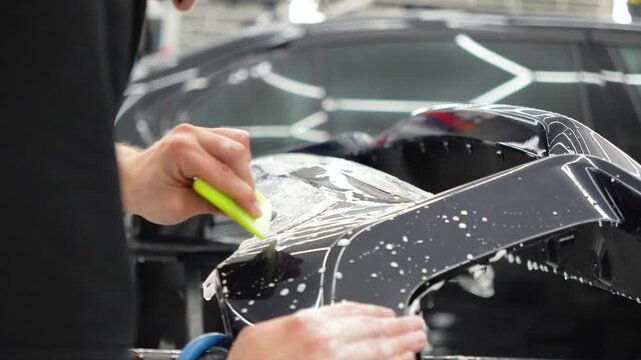 Professional auto detailer specialist applying a clear paint protection film PPF on a glossy black car. Male technician worker smoothing a wet polyurethane protective wrap with a green squeegee rakel.