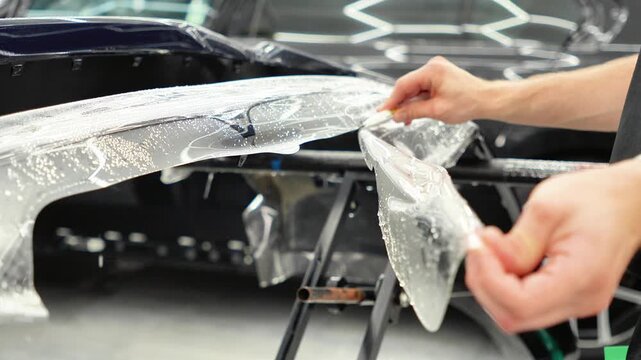 Professional auto detailer hand using a sharp utility knife tool to cut clear paint protection film PPF on a glossy black car. Male technician trimming wet polyurethane protective wrap along body car.