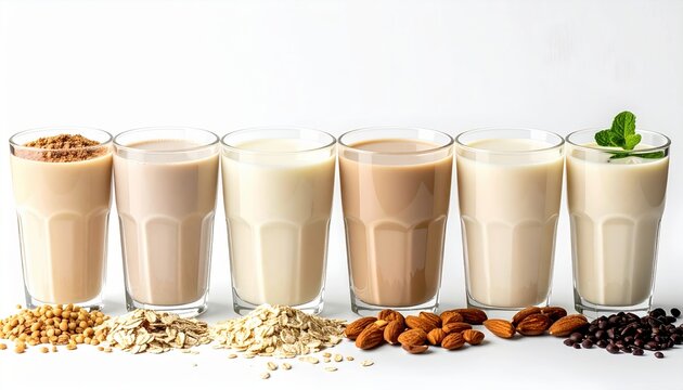 Collection of vegan milk including oat, soy, almond, coconut and rice milk in different glasses isolated on white background
