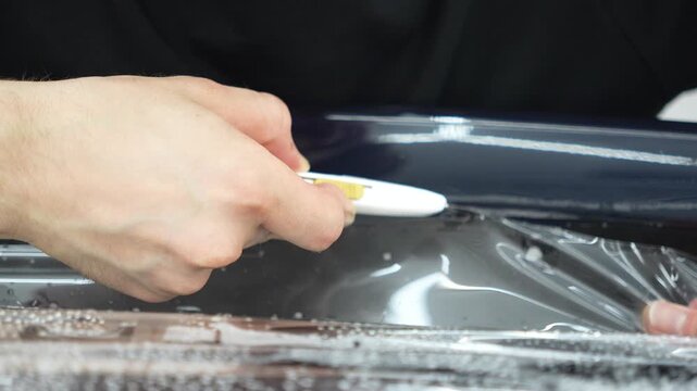 Professional auto detailer hand using a sharp utility knife tool to cut clear paint protection film PPF on a glossy black car. Male technician trimming wet polyurethane protective wrap along body car.