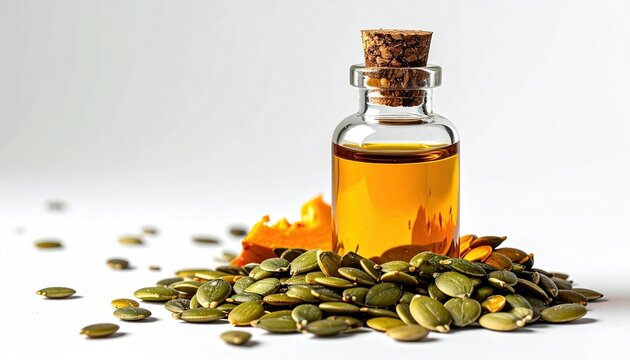 Pumpkin seed oil bottle with pumpkin seeds scattered naturally, isolated on white background