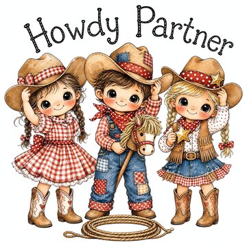 Three Little Cowboy Kids Tipping Hats Side By Side