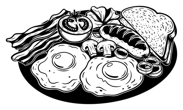 Full English breakfast plate with fried eggs bacon sausage tomato and toast in vintage woodcut engraving style food vector
