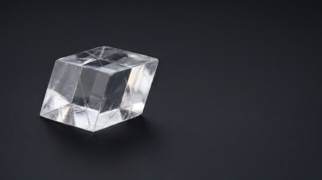 Clear calcite crystal rhomboid mineral specimen isolated on a dark black background