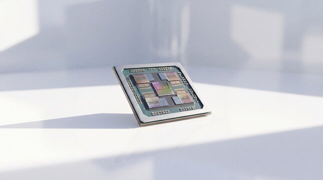 Modular Semiconductor Chiplet on Reflective White Surface for Tech Business Presentations