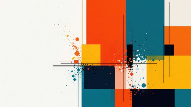 Minimalist abstract background with bold geometric shapes, bright color blocks. Vibrant orange, blue, yellow squares overlap with fine lines, small dots. Modern graphic design pattern for creative