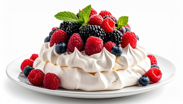 Elegant Pavlova meringue cake topped with fresh berries, isolated on white background, premium dessert photography