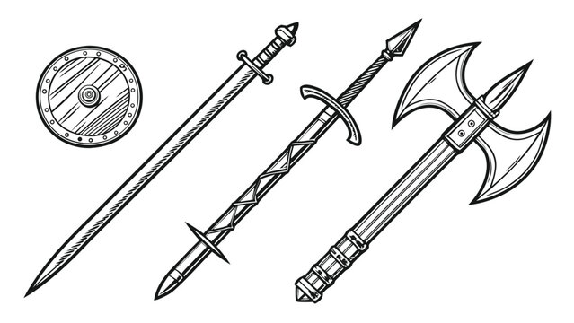 Set of medieval fantasy weapons including a round shield, a long sword, a spear, and a doublebladed battle axe