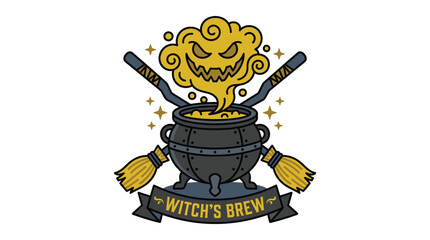 Fototapeta premium Witches brew magic potion cauldron with crossed brooms and scary smoke shape