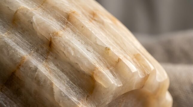 Close-up detail of a carved alabaster vase with natural translucent stone texture and fluted decorative surface