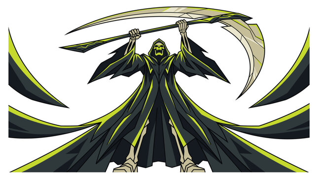 Grim reaper holding scythe wearing black and green robe