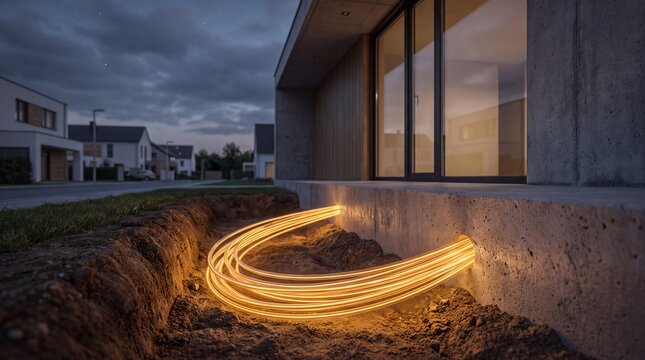 Glowing Fiber Optic Cables Connecting to Modern Smart Home at Dusk for High-Speed Internet Banner