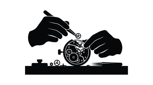 Watch repair silhouette depicts hands assembling intricate clockwork mechanisms
