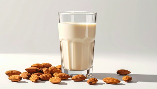 Glass of almond milk isolated on white background, vegan dairy alternative