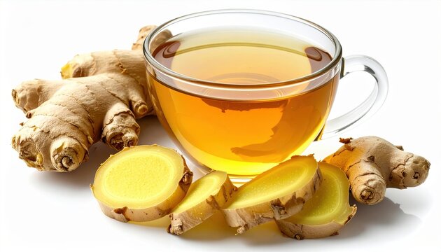 Cup of hot ginger tea with fresh ginger slices, isolated on white background, healthy herbal drink