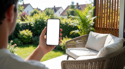 Obraz premium Man holds mobile smartphone with blank white screen on sunny balcony. Person uses cellphone for social media app mockup. View of rich green garden, modern terrace furniture with comfortable outdoor