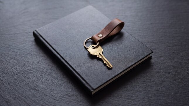 Brass House Key on Leather Keychain and Black Planner resting on Dark Slate Tabletop for Adulthood Concept