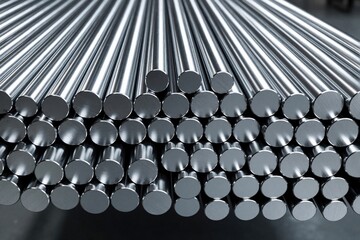 Fototapeta premium Stacked circular metal rods are ready for manufacturing. Shiny aluminum bars form industrial supply pattern. Material stock for engineering and construction.