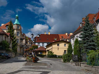 2025-09-09  Picturesque street with a green turret and lanterns, Duszniki-Zdroj, Poland. © fotomaster