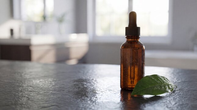 Amber Glass Dropper Bottle on Wet Slate for Natural Hair and Scalp Care Product Advertising