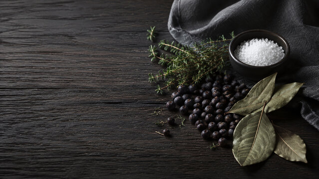 Juniper berries and culinary botanicals on dark oak