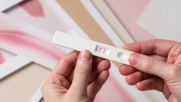 Positive pregnancy test in hands after IVF fertility treatment, reproductive medicine care and conception success result