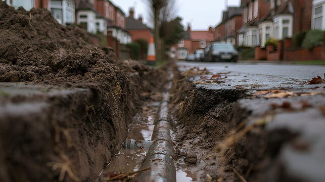 Opened trench along a pavement with a water main lying exposed