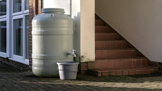 Plastic water butt with a bucket waiting under its tap by brick steps