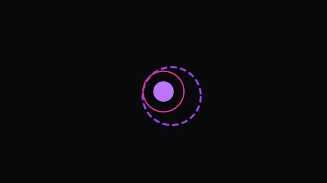 Minimalist abstract loading spinner animation with rotating geometric circles and pulsing purple dot on 4k black background