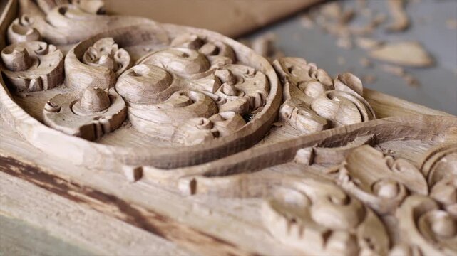Intricate wood carving fills unfinished timber panel with scrolling leaf forms. Smooth raised details and rough cut edges show skilled craftsmanship during decorative relief work with chisel marks.