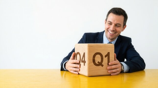 Smiling Businessman Holds Wooden Cube With Q4 Q1 Graphics