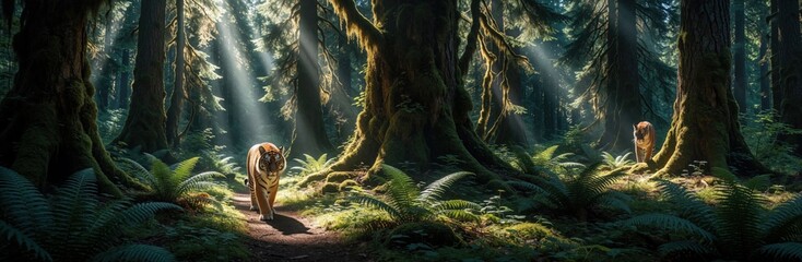 Fototapeta premium Tiger walks on forest path with dappled sunlight. Ancient trees and green ferns create a mystical wild scene. Another tiger is visible further on the trail.