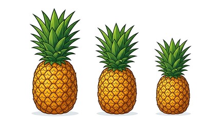 Fototapeta premium Three fresh pineapples of different sizes lined up in a row