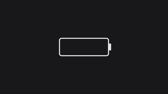 Minimalist empty battery charging animation on 4k black background, for technology and, power concepts