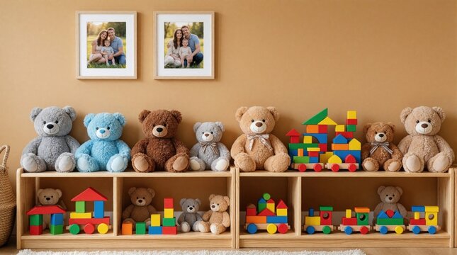Teddy bears and colorful wooden blocks fill shelves in a childs playroom. Framed family photos hang on the wall above. Toys create a cozy, cheerful atmosphere for kids.