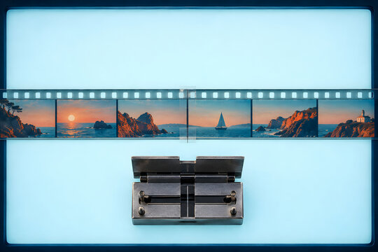 Vintage film strip and splicer on lightbox with copy space