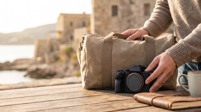Person packing black digital camera into canvas duffel bag outdoors