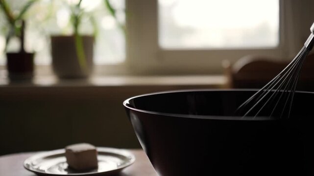 Close up side view of lifting wire whisk from black mixing bowl on wooden table in cozy kitchen with bright window background