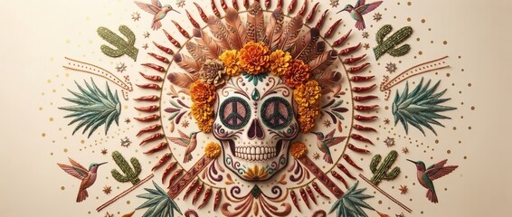 Fototapeta premium Decorated sugar skull with marigold flowers feathers and chili peppers surrounded by cacti agave and hummingbirds on beige background. Day of the dead