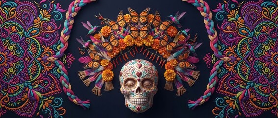 Fototapeta premium Sugar skull with marigold flowers monarch butterflies hummingbirds and colorful feathers on dark background with mexican embroidery