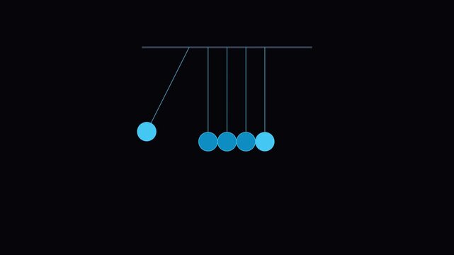 Minimalist newton&rsquo;s cradle animation: blue spheres swinging in perpetual motion for physics, science, and business concept presentations 4k