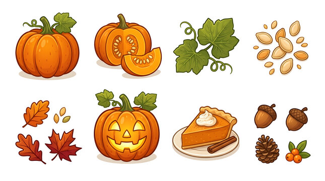 Detailed autumn pumpkin vector set featuring whole and sliced pumpkins, leaves, pumpkin seeds, jack-o-lantern, pumpkin pie slice with whipped cream, acorns, and pinecone on white background.