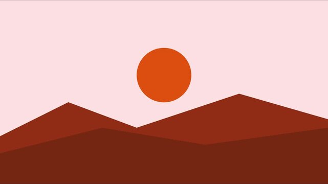 Minimalist sunset landscape with red sun and brown mountains animation 4k background
