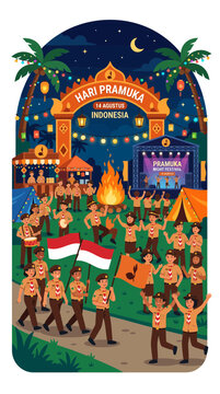 Indonesian scouts celebrating Hari Pramuka with campfire at night
