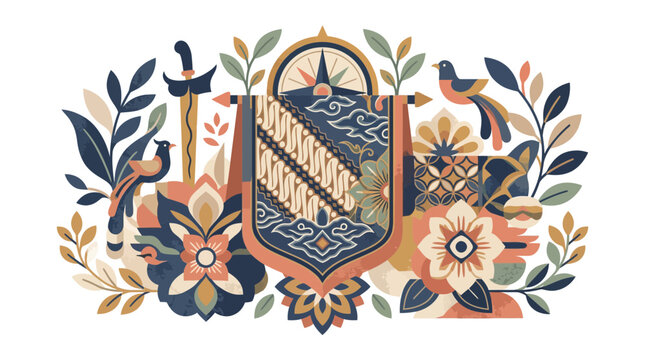 Indonesian shield with batik and flowers.