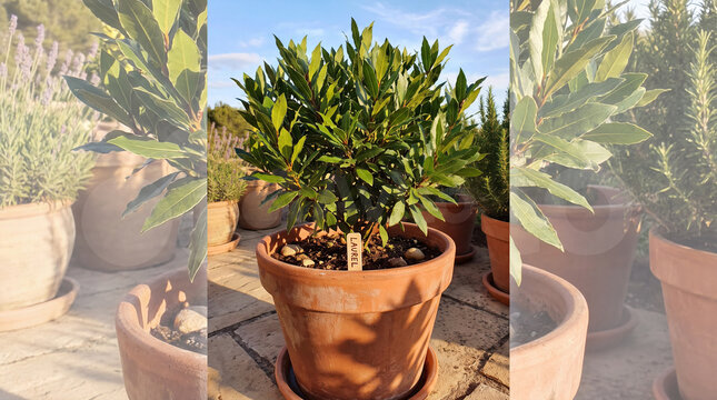 Laurel bush in terracotta pot, vibrant green and earthy brown, used for Mediterranean gardening and herb cultivation.
