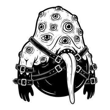 Surreal Monster with Multiple Eyes and Long Tongue, Creepy Eldritch Horror Creature in Leather Straps, Bizarre Fantasy Character Vector