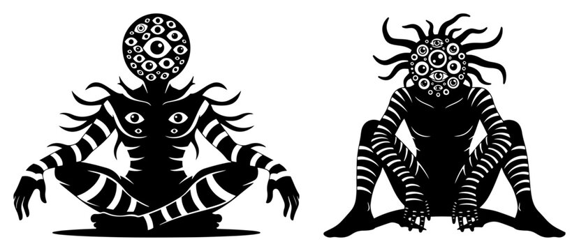 Surreal Occult Entities with Multiple Eyes, Meditating Dark Creature and Crouching Monster Silhouette, Esoteric Horror Character Set